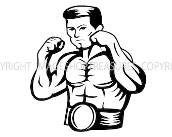 May include: Black and white illustration of a muscular boxer with a championship belt. The boxer is in a fighting stance with his fists raised.