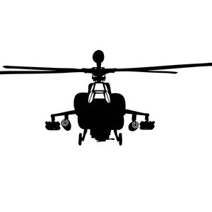 Może przedstawiać: Czarna sylwetka helikoptera z pojedynczym rotorem na górze. Helikopter ma dwoje bocznych drzwi i duże okno z przodu. Helikopter leci w powietrzu.