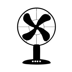 Op de afbeelding: Een zwart-witte illustratie van een staande ventilator met drie bladen. De ventilator heeft een ronde basis met vijf knoppen.