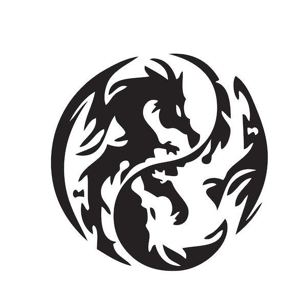 Yin Ying Yang Dragon Chinese Art Fantasy Monster Creature Fire Décoration Mythology Tattoo Design Logo. SVG. PNG vectoriel Cricut coupe coupe