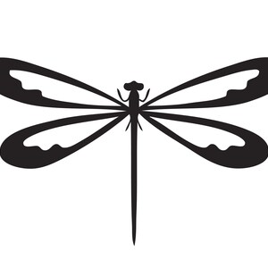 May include: Black silhouette of a dragonfly with wings spread out.