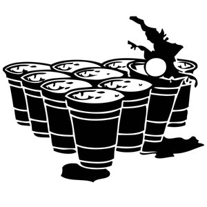 Könnte beinhalten: Schwarzweiß-Illustration eines Bierpong-Spiels mit roten Plastikbechern und einem Tischtennisball.