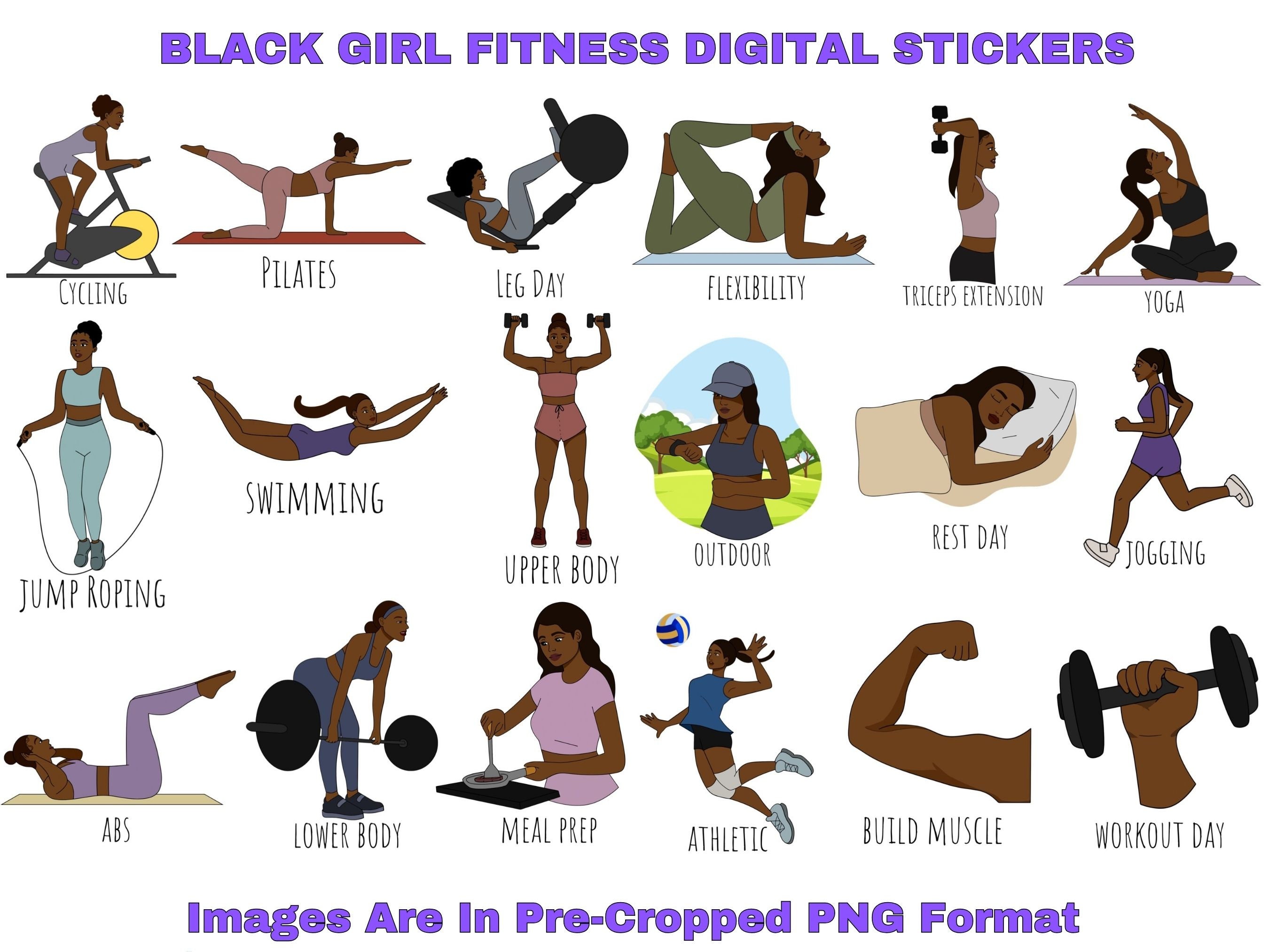 Black Girl Fitness Diet and Workout Digital Pre-Cropped Sticker Sheet for Planner Planning To-Do Icons for GoodNotes Weights Cardio Training