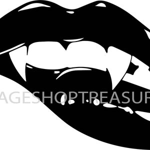May include: Black and white illustration of a vampire's mouth with fangs.