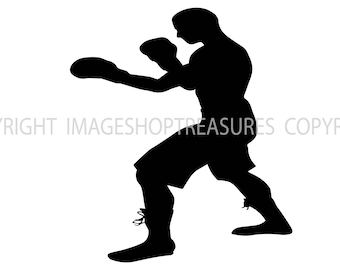 May include: Silhouette of a boxer in a fighting stance, wearing boxing gloves and shorts. The black figure is set against a white background, with the boxer's arms raised in a punch. The image captures the dynamic action of a boxing match.
