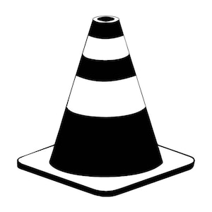 May include: A black and white striped traffic cone with a flat base.