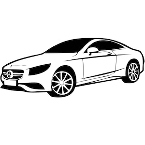 Può includere: Un disegno in bianco e nero di un'auto coupé moderna ed elegante. L'auto ha una griglia distintiva e ruote grandi.