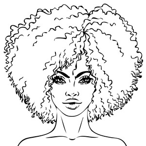 May include: Black and white line drawing of a woman with a large afro hairstyle.