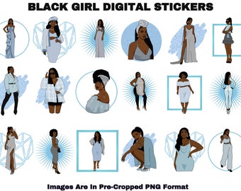Puede incluir: Un conjunto de 12 pegatinas digitales con ilustraciones de mujeres negras en varias poses y atuendos. Las pegatinas están sobre un fondo azul con diferentes elementos decorativos, como estrellas, corazones y formas geométricas. El texto "BLACK GIRL DIGITAL STICKERS" aparece en la parte superior de la imagen. El texto "Images Are In Pre-Cropped PNG Format" aparece en la parte inferior de la imagen.