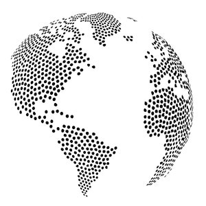 May include: A black and white illustration of the Earth, represented as a sphere made up of small dots.