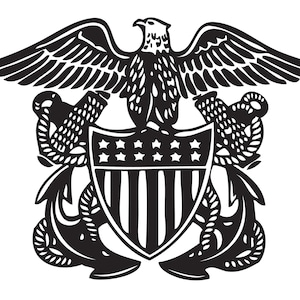 May include: Black and white illustration of an eagle with outstretched wings holding a shield with a US flag design and two anchors.