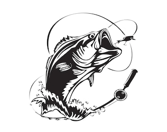 Basse pêche sel mouche Logo pêche à la ligne hameçon eau douce chasse grande bouche petite bouche rayé. SVG. EPS. PNG vecteur Clipart Cricut coupe coupe