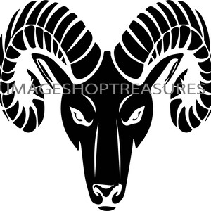 Op de afbeelding: Zwart-witte silhouet van een rammenkop met grote gekrulde hoorns.