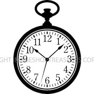 May include: Black and white silhouette of a pocket watch with Roman numerals. The watch face shows the time as 10:10.