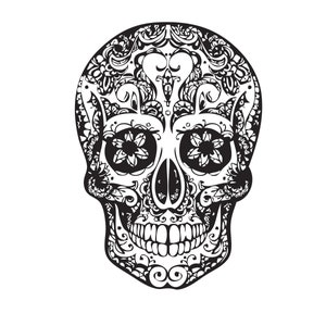 May include: Black and white illustration of a sugar skull with intricate floral designs.