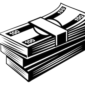 Può includere: Un mucchio di banconote nere e bianche con il numero 100 stampato su di esse. Le banconote sono raggruppate da una fascia nera.