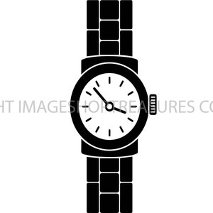 Könnte beinhalten: Eine schwarz-weiße Silhouette einer Armbanduhr mit einem runden Zifferblatt und einem Metallband.