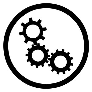 May include: Black and white illustration of three interlocking gears inside a black circle.