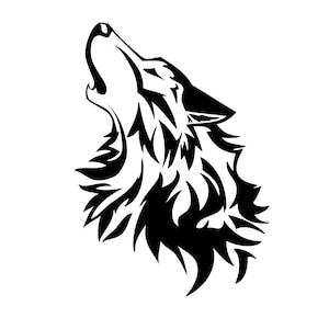 May include: Black and white stylized illustration of a wolf howling at the moon. The wolf's fur is detailed with sharp, angular lines.
