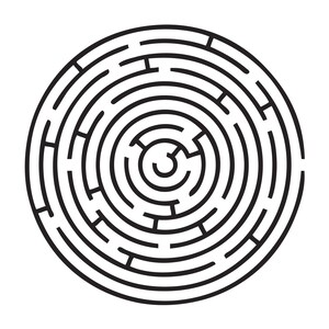 May include: A black and white circular maze with concentric circles and a small circle in the center.