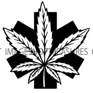 Op de afbeelding: Zwart-witte afbeelding van een marihuanablad dat over een zespuntige ster is gelegd, die lijkt op een medisch symbool.
