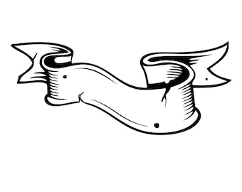 Puede incluir: Una ilustración en blanco y negro de una pancarta de cinta decorativa con un borde rizado. La pancarta está en blanco y lista para el texto.