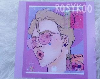 May include: A digital illustration of a person with blonde hair wearing pink sunglasses and a pink shirt. The background is a purple and blue gradient with stars and the text "ROSYKOO".