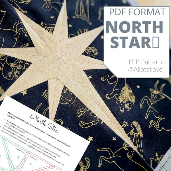 North Star Quilt Block Christmas Star Bright Star Instant Download 12 inch Square Finished FPP Template Block Pattern Instructions