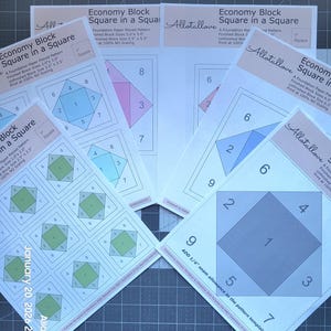 May include: Several paper piecing patterns for quilting, featuring the text "Economy Block Square in a Square" and "Allotallove." The patterns include geometric shapes and numbered sections, with finished block sizes noted in inches.