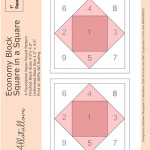 May include: A paper pattern for an Economy Block Square in a Square quilt block. The design features a central square surrounded by diamond shapes, with numbered sections. Finished block size is 4.0" x 4.0".