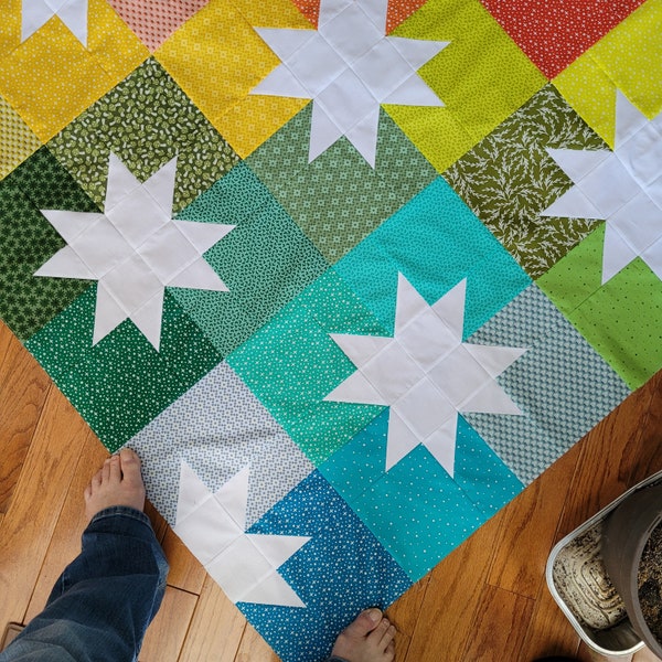 Unfinished Quilt Top Star Pop Modern Quilt Rainbow Colors Baby 45x52