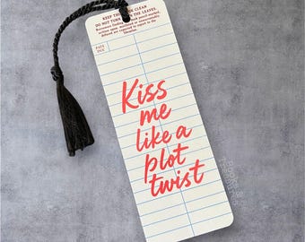 Metal Bookmark – “Kiss Me Like a Plot Twist” | Vintage Library Card Design