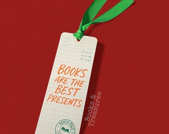 Christmas Metal Bookmark – “Books Are the Best Presents” – Library Card Style