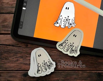 Spooky Cute Ghost Sticker - Hand-Drawn Phantom with Black vine like design, Halloween Decor, Ghostly Decal for Laptops and Journals