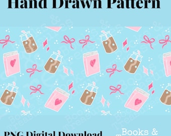 Books & Coffee Hand Drawn Pattern Bookish Digital Download PNG