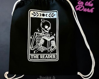 Glow in the Dark Skeleton Reader Drawstring Bag | Bookish Halloween Tote Backpack