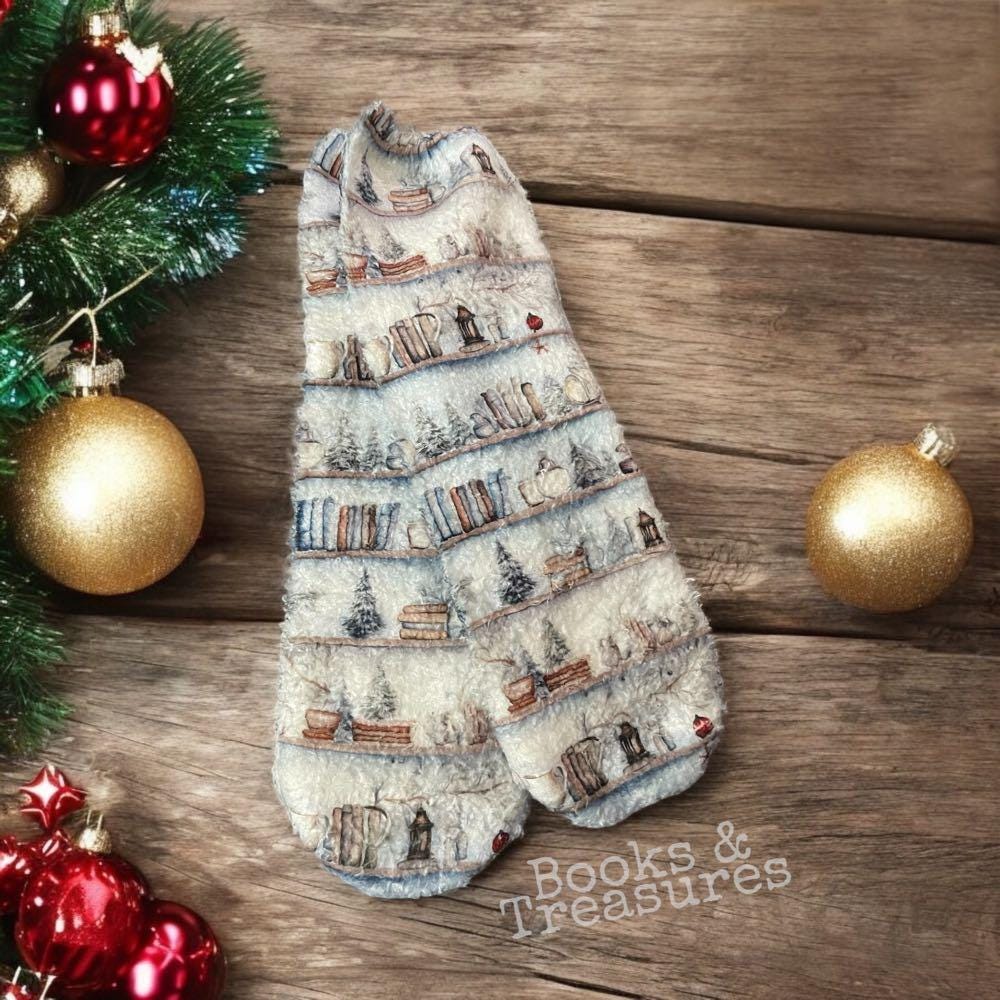 Handmade Bookish Fuzzy Socks with Winter Bookshelf Pattern - Cozy Reading Socks for Book Lovers