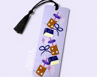 Coffee & Books Purple Aluminum Metal Bookmark – Hand Drawn Design | Reader Gift | Book Lover Accessory