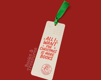 Christmas Metal Bookmark – “All I Want for Christmas Is More Books” – Library Card Design