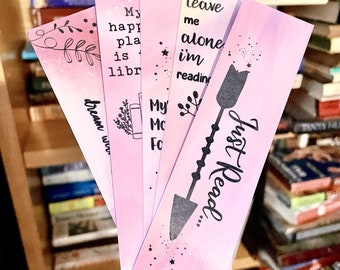 Handmade Laminated Bookish Bookmarks: Pink, Yellow, Purple - Set of 5