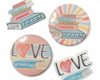 Book Lover Pin & Button Set – Hand Drawn Book Stack and Love Book Designs – Cute Bookish Accessories for Readers, Gifts for Bibliophiles