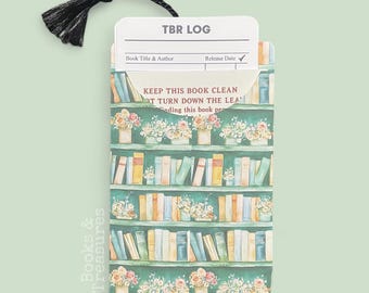 Library Card Bookmark Pouch with TBR & Reading Log – Book Lover Gift Floral Bookshelf Design