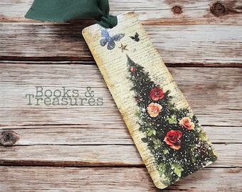 Holiday Christmas Metal Bookmark with Green Ribbon Tassel for Book Lovers Bookish Gift