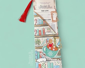 Book Lover’s Bookmark Pouch – TBR and Reading Log Set with Holiday Christmas Design, Bookish Paperclips and Hand Drawn Sticker