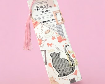 Book Lover’s Bookmark Pouch – TBR and Reading Log Set with Cats & books valentine heart design, Bookish Paperclips and Sticker