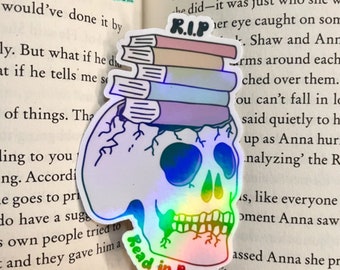 Read in Peace Holographic Vinyl Sticker Skeleton Bookish Gift