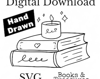Hand Drawn Book Stack with Candle SVG | Digital Download Line Art | Cozy Bookish Clipart for Cricut & Silhouette