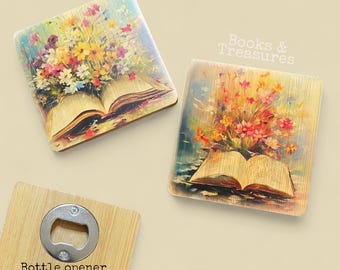 Bookish Bamboo Coasters with Bottle Openers | Watercolor Book & Floral Design | 3.5”x3.5” | Book Lover Gift | Barware for Readers | Set of 2