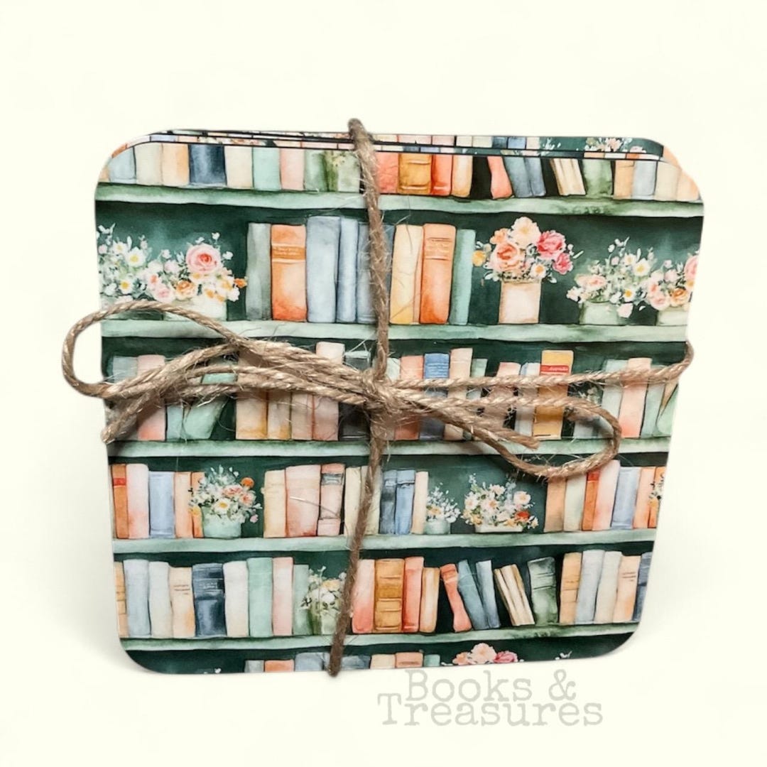 Floral Bookshelf Coasters: Book Lover Gift, Set of 4 - Etsy