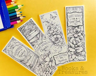 Coloring Page Bookmarks for Book Lovers | Bookish Sayings Bookmark Set on Cardstock with Colored Pencils Gift Set